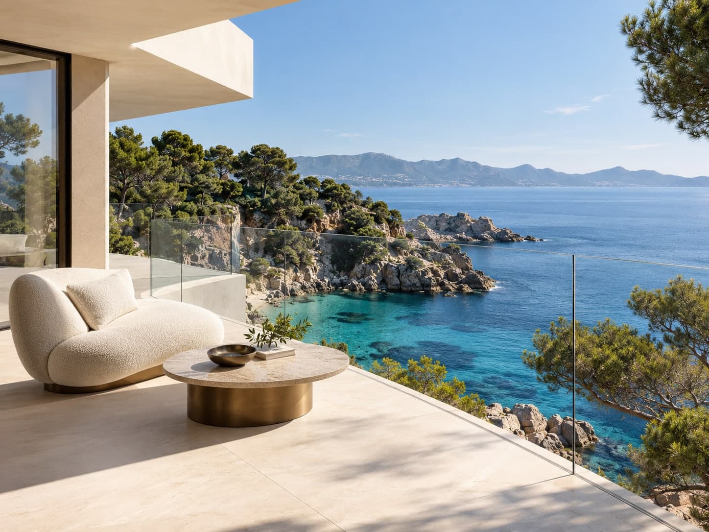 A sculptural armchair on a contemporary balcony above a turquoise cove