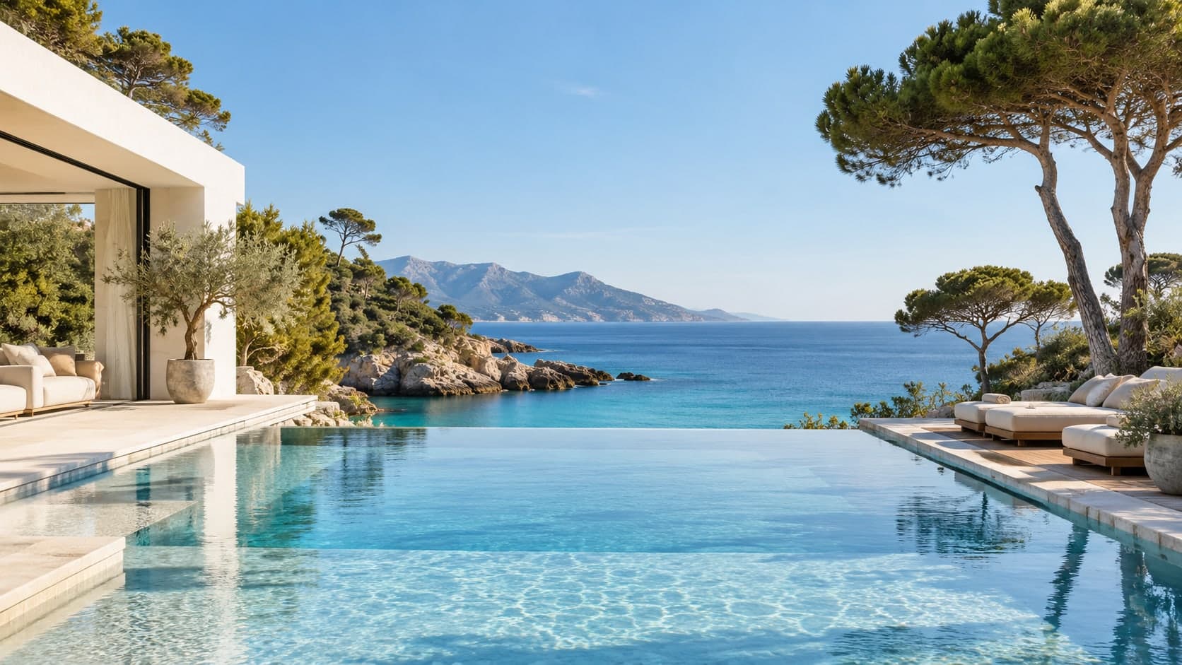 An infinity pool, contemporary villa and terrace facing a Mediterranean bay