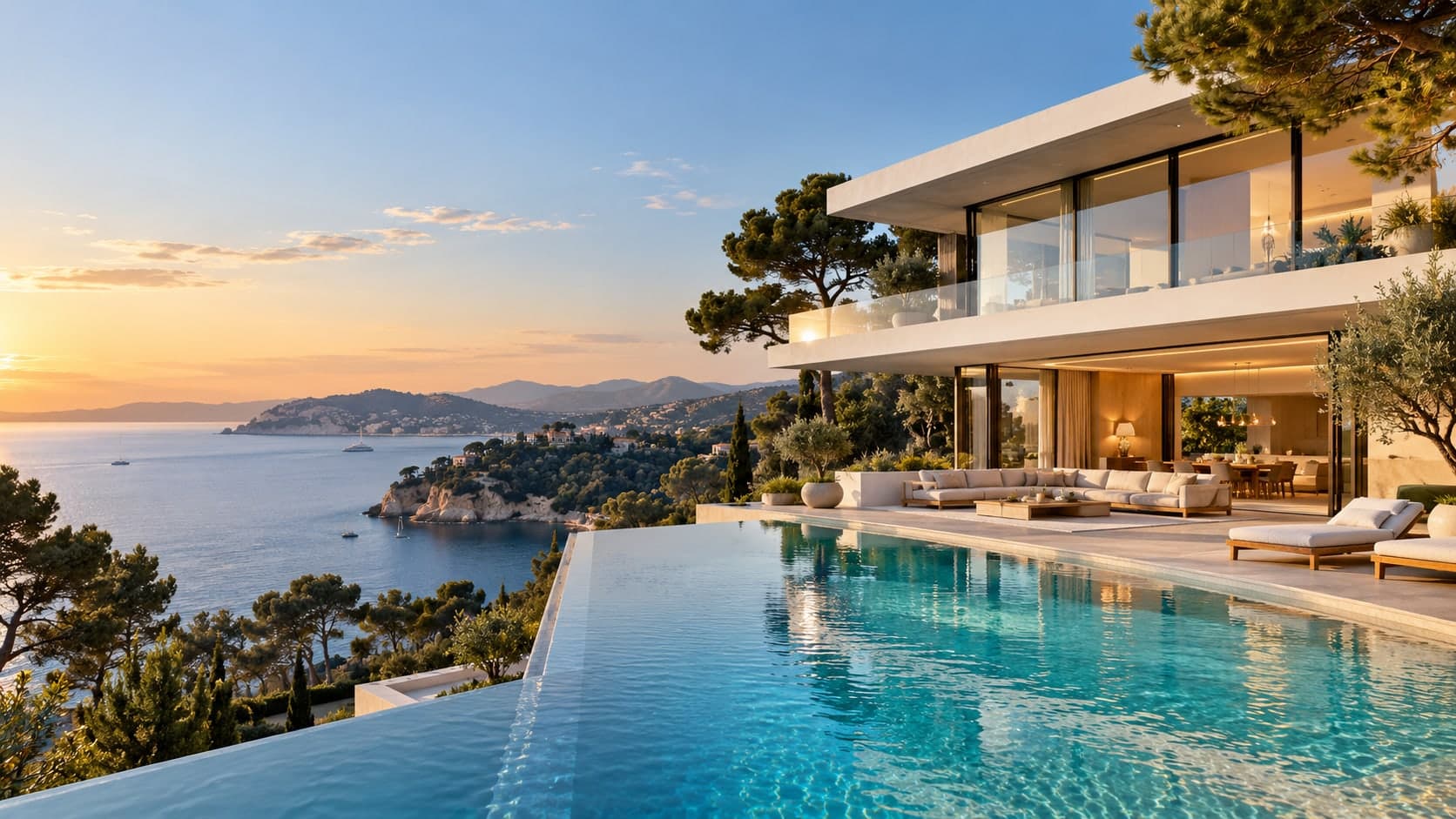 Villa contemporaine vitrée et piscine suspendue au-dessus de la Riviera à la lumière du soir