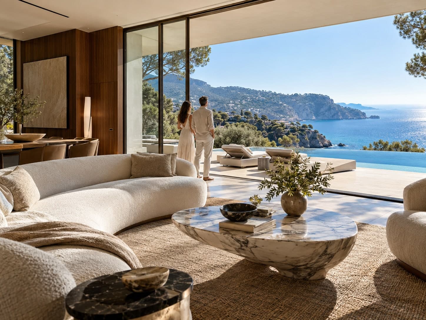 Un couple découvre un salon contemporain ouvert sur une piscine et la Méditerranée