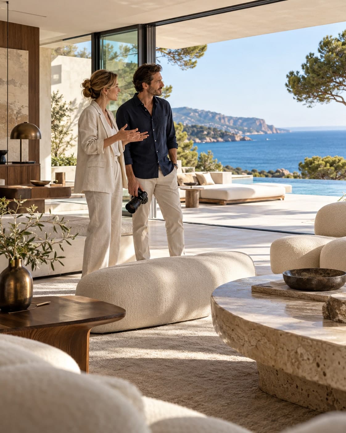 Une créatrice et un photographe échangent dans une villa contemporaine ouverte sur la mer