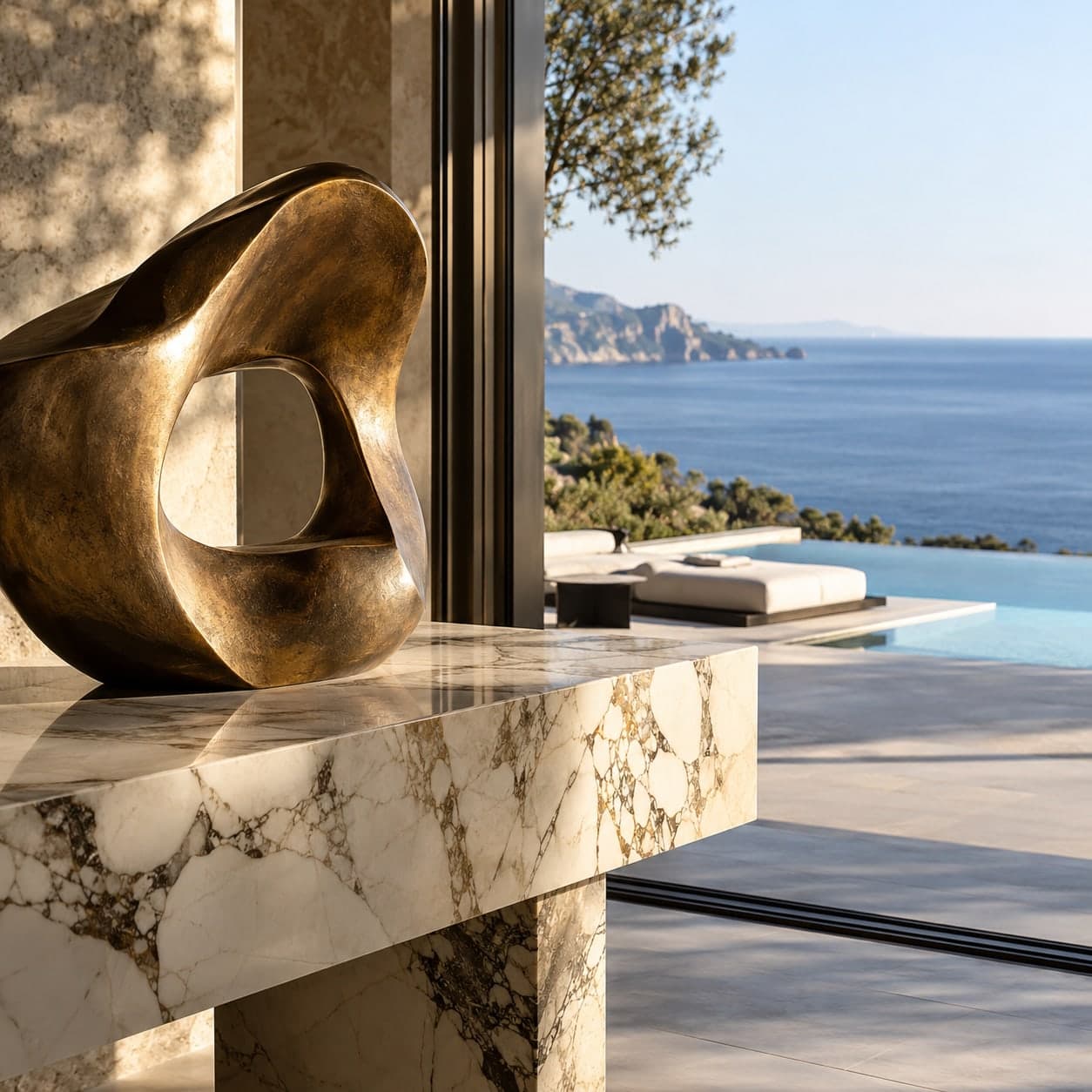 A bronze sculpture on a marble console overlooking a pool and the Mediterranean