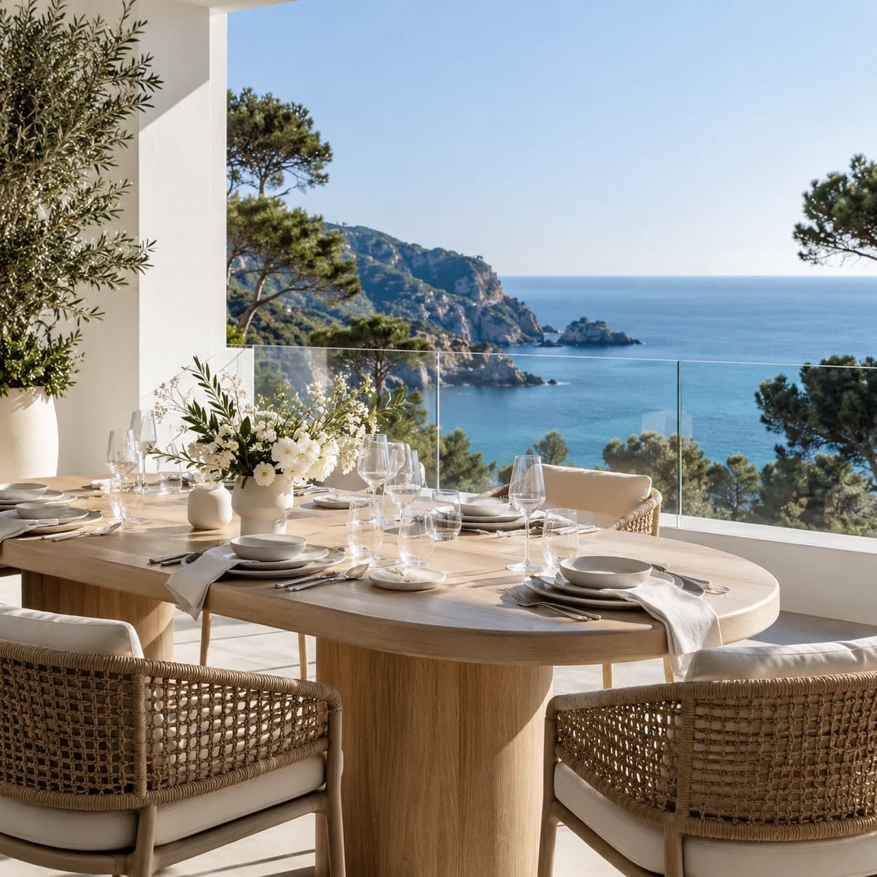 An elegantly set table on a contemporary terrace facing a Mediterranean cove