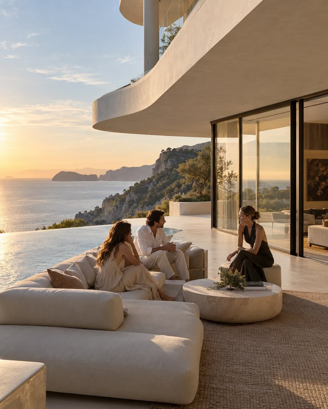 Trois personnes réunies sur la terrasse d’une villa contemporaine face à la mer au coucher du soleil