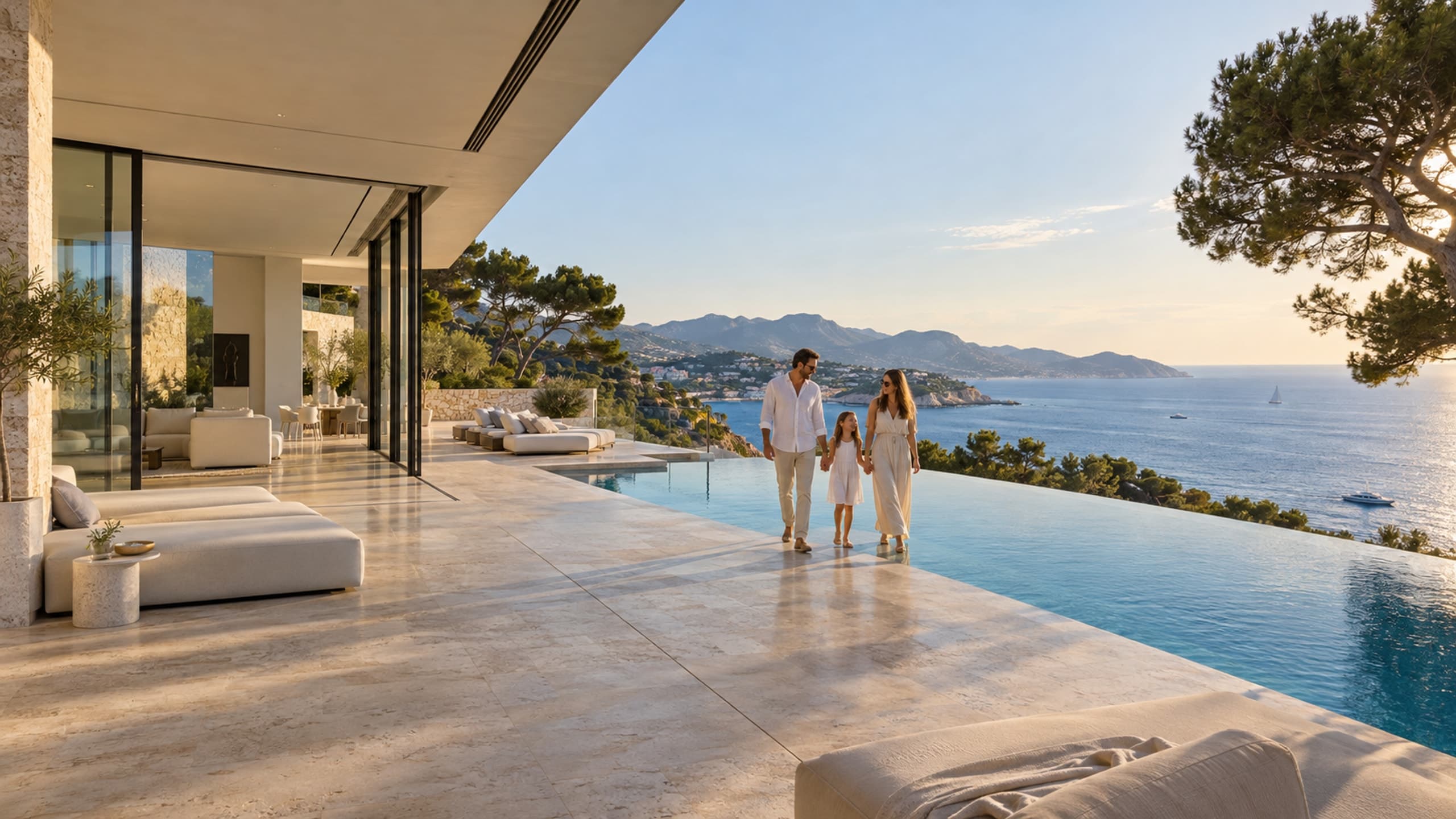 A couple and their child on the terrace of a contemporary villa, beside an infinity pool overlooking the Mediterranean.