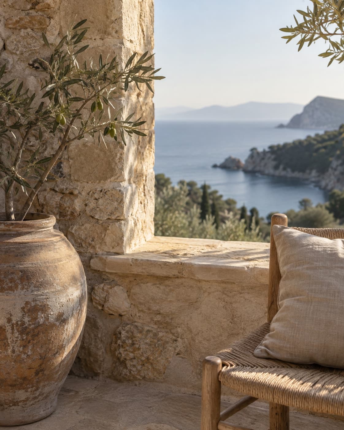 Poterie ancienne, rameau d’olivier et fauteuil en fibres naturelles face à la mer