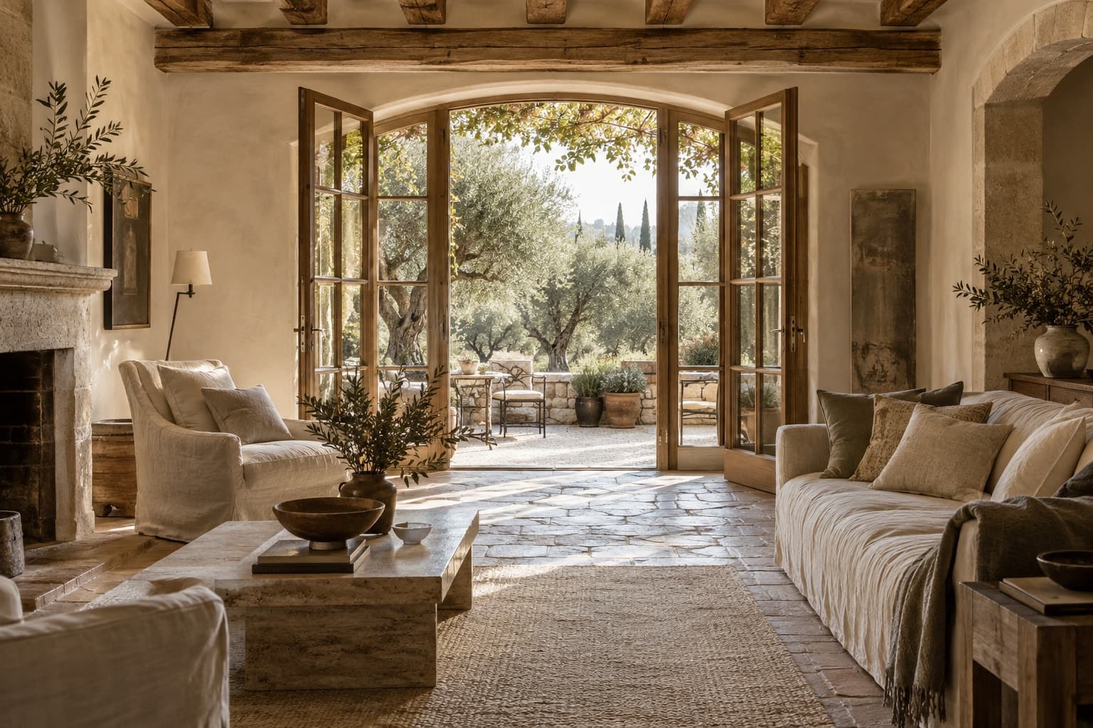 Salon en pierre claire et en lin ouvert sur un jardin d’oliviers