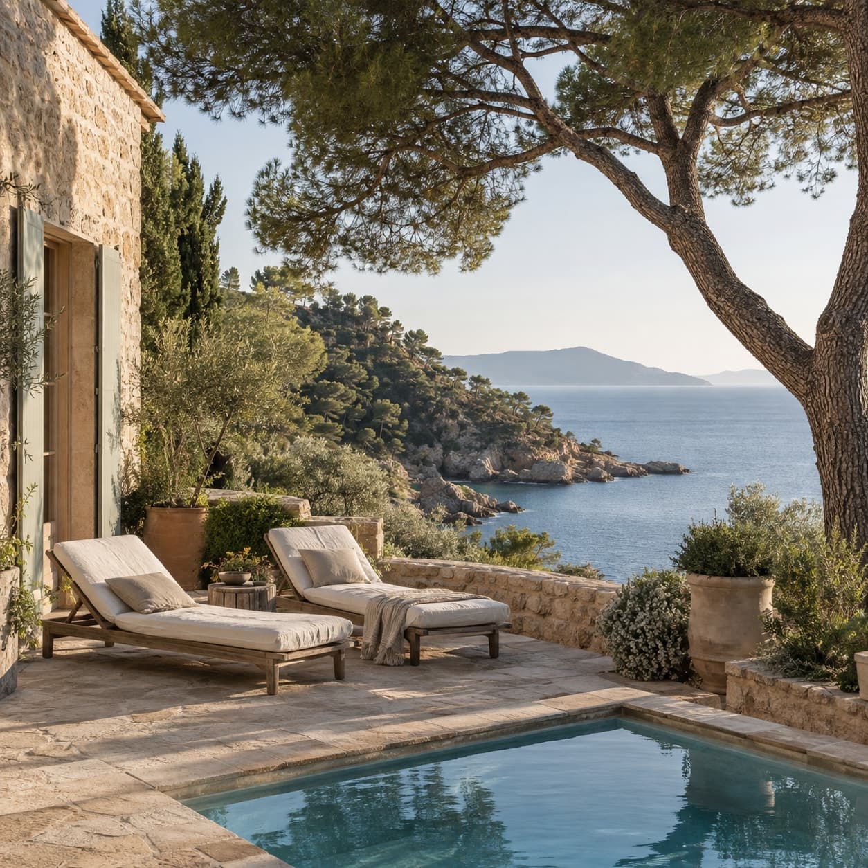 A stone terrace, linen loungers and a pool beneath pines above a quiet cove