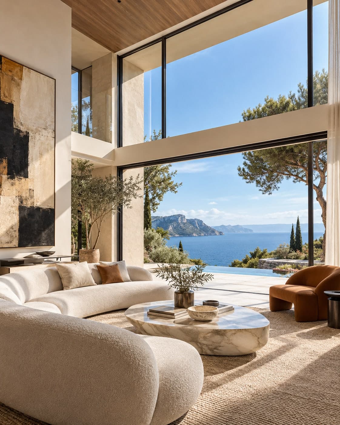 Salon contemporain, mobilier sculptural et double hauteur vitrée face à la Méditerranée