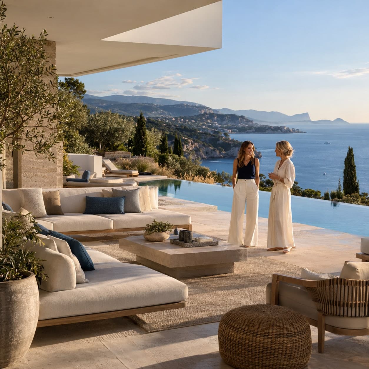 Deux femmes échangent sur la terrasse d’une villa contemporaine au-dessus de la mer