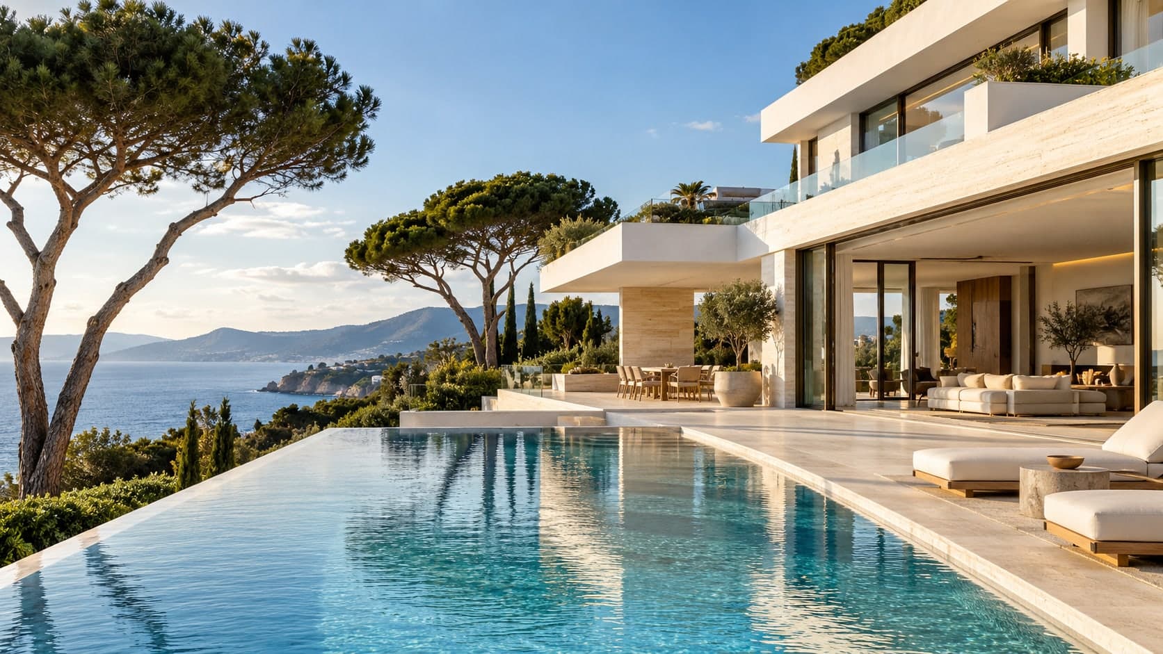 Villa contemporaine aux grandes baies vitrées, piscine à débordement et vue sur la Riviera