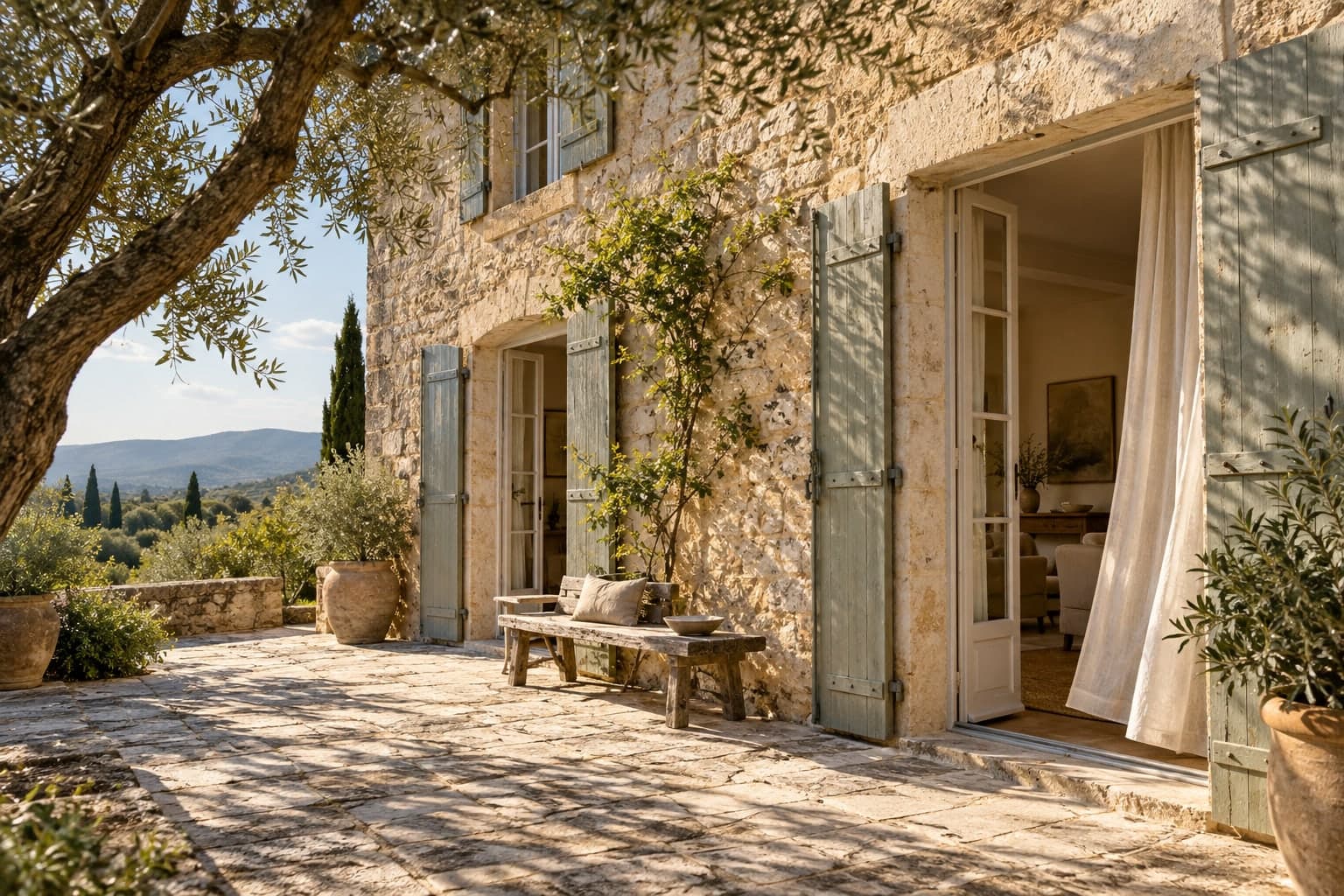 Maison de pierre méditerranéenne, volets vert sauge et terrasse ombragée.