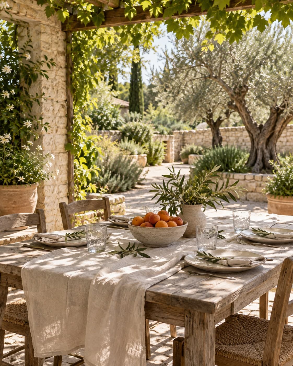 Table d’été sous une pergola, vaisselle artisanale et fruits de saison.
