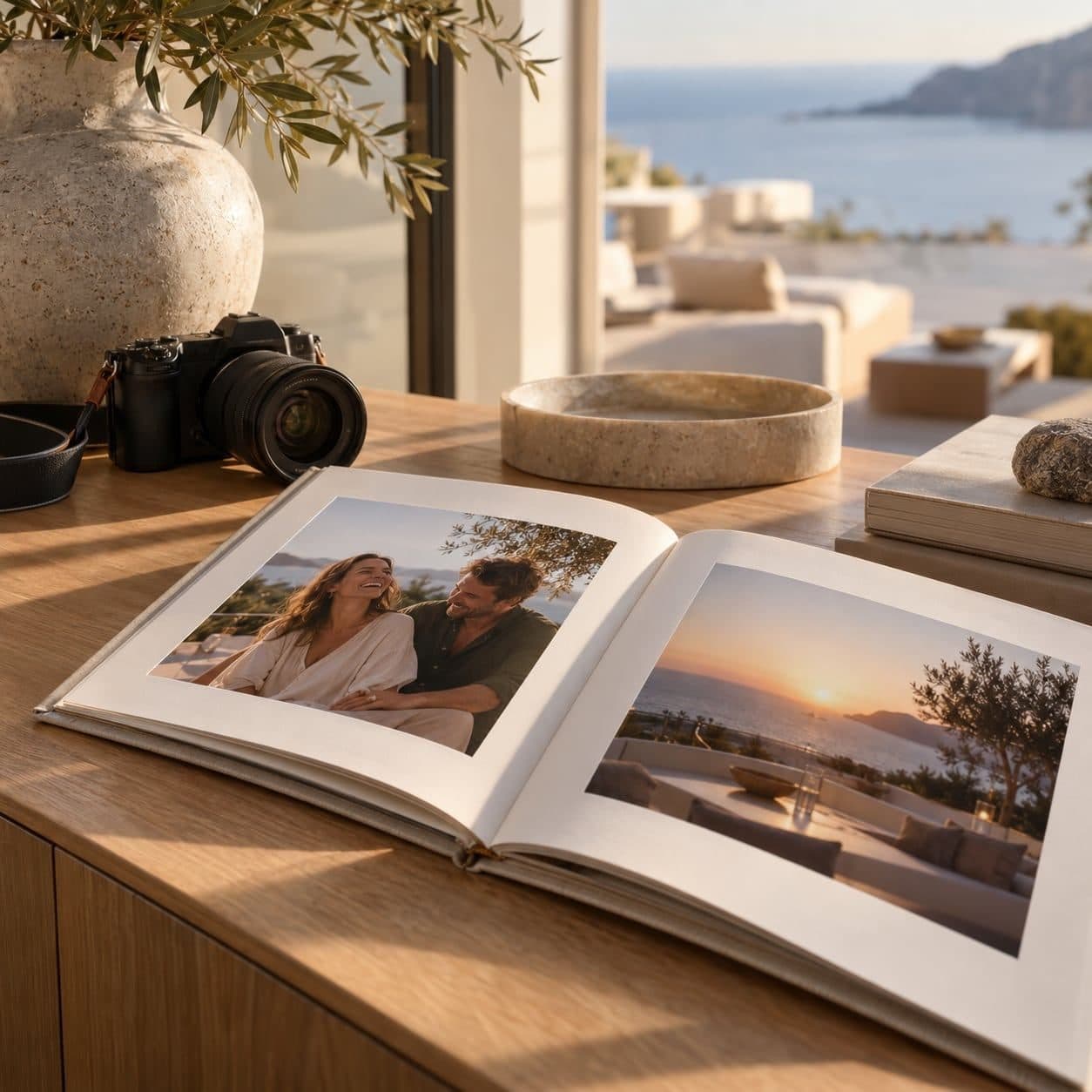 Un appareil photo et un album de souvenirs sur une console en bois, dans une villa lumineuse.