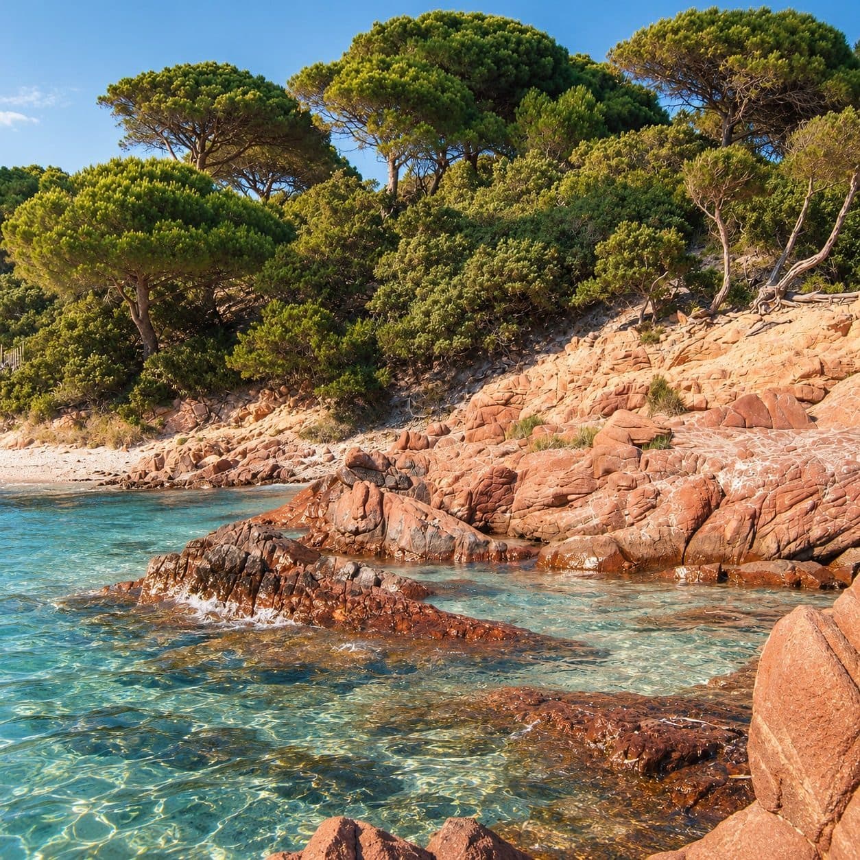 Rochers roses, pins et eau claire sur le littoral de Palombaggia