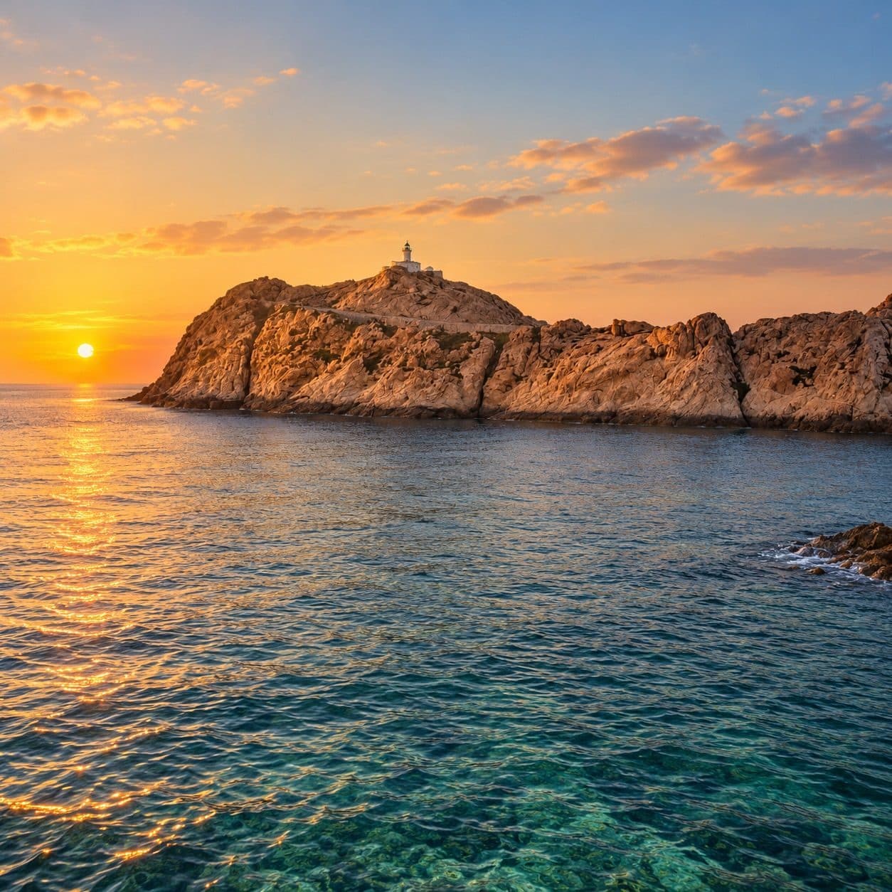 Phare de la Pietra sur une presqu’île rocheuse au coucher du soleil