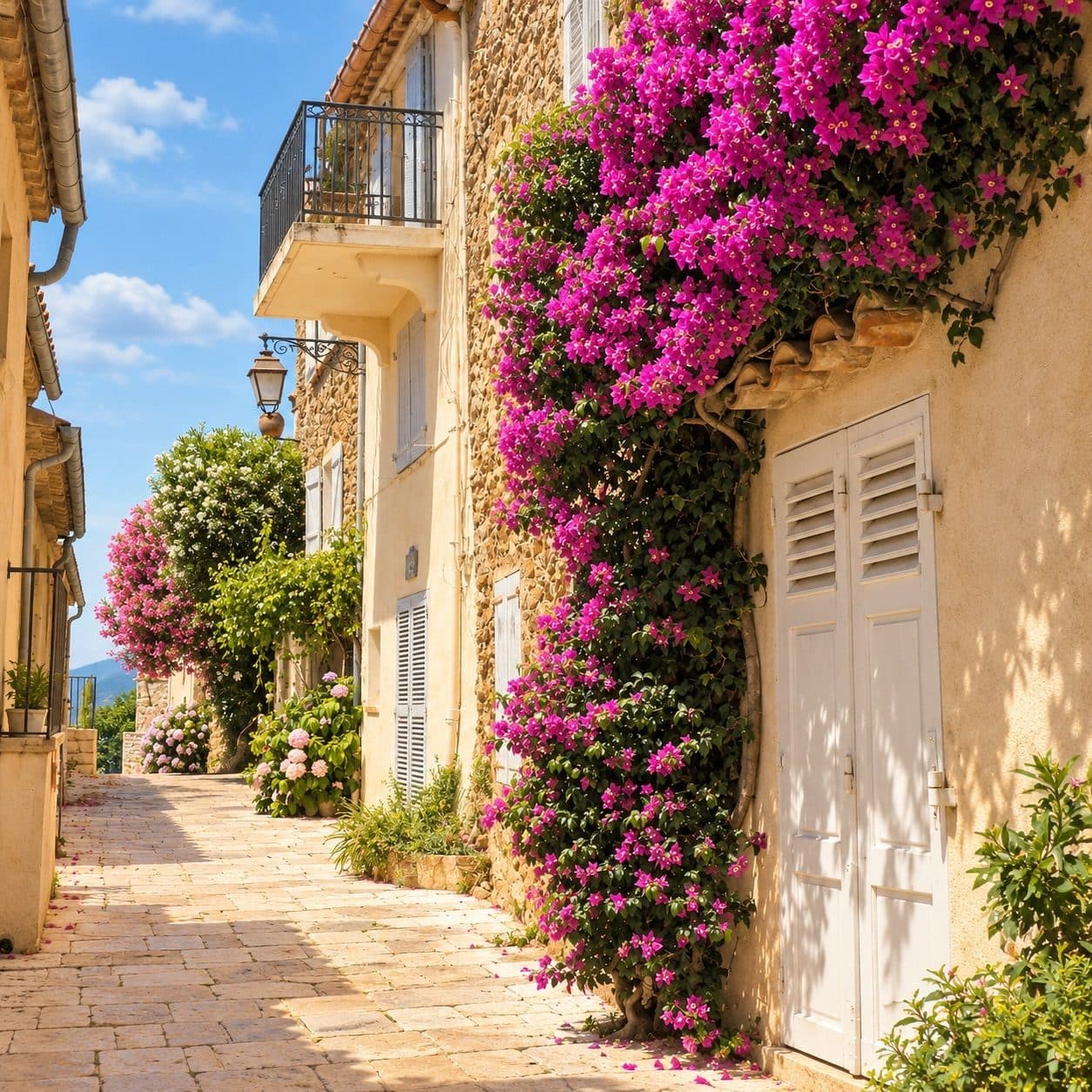 Ruelle de Gassin bordée de façades anciennes et de bougainvilliers
