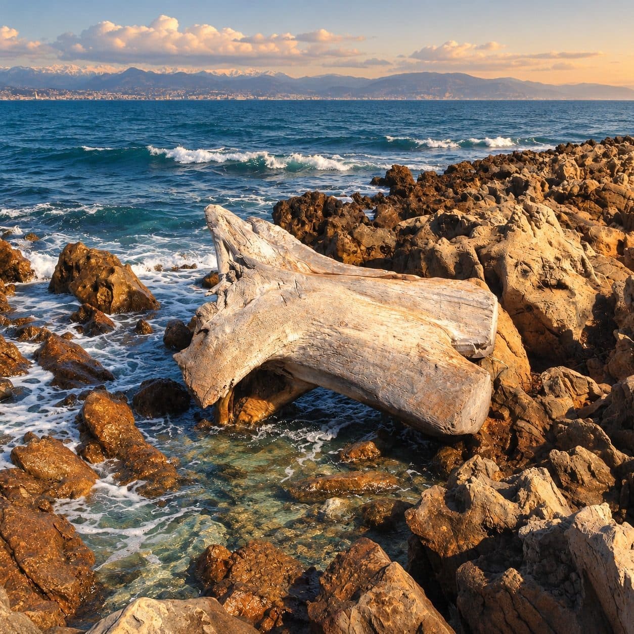 Bois flotté et rochers du littoral du Cap d’Antibes face à la mer